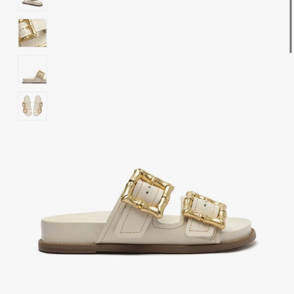 SCHUTZ Ivory Slide Sandals with Gold Buckle Accents